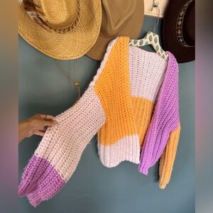 Chunky Knit color block balloon sleeve cardigan Sweater sz large